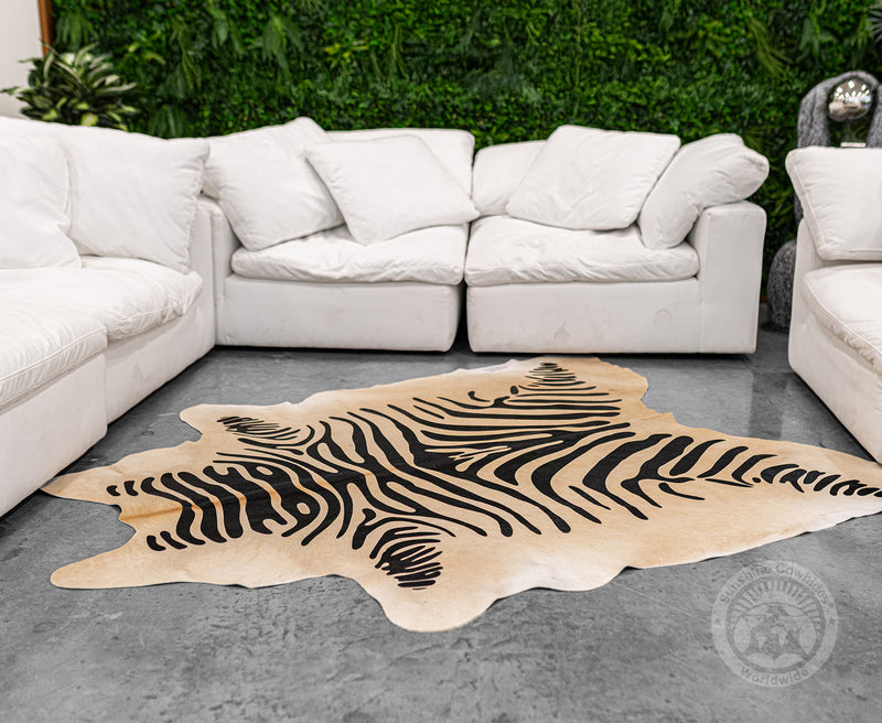 Zebra Black Stripes on Beige Cowhide Rug