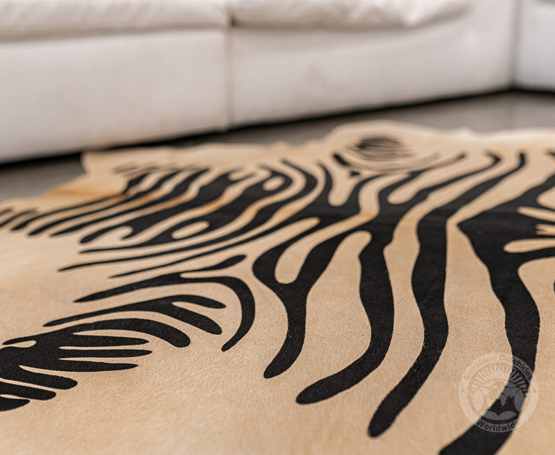 Zebra Black Stripes on Beige Cowhide Rug