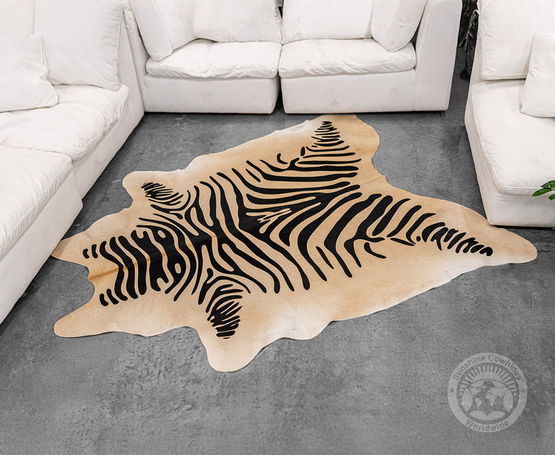 Zebra Black Stripes on Beige Cowhide Rug
