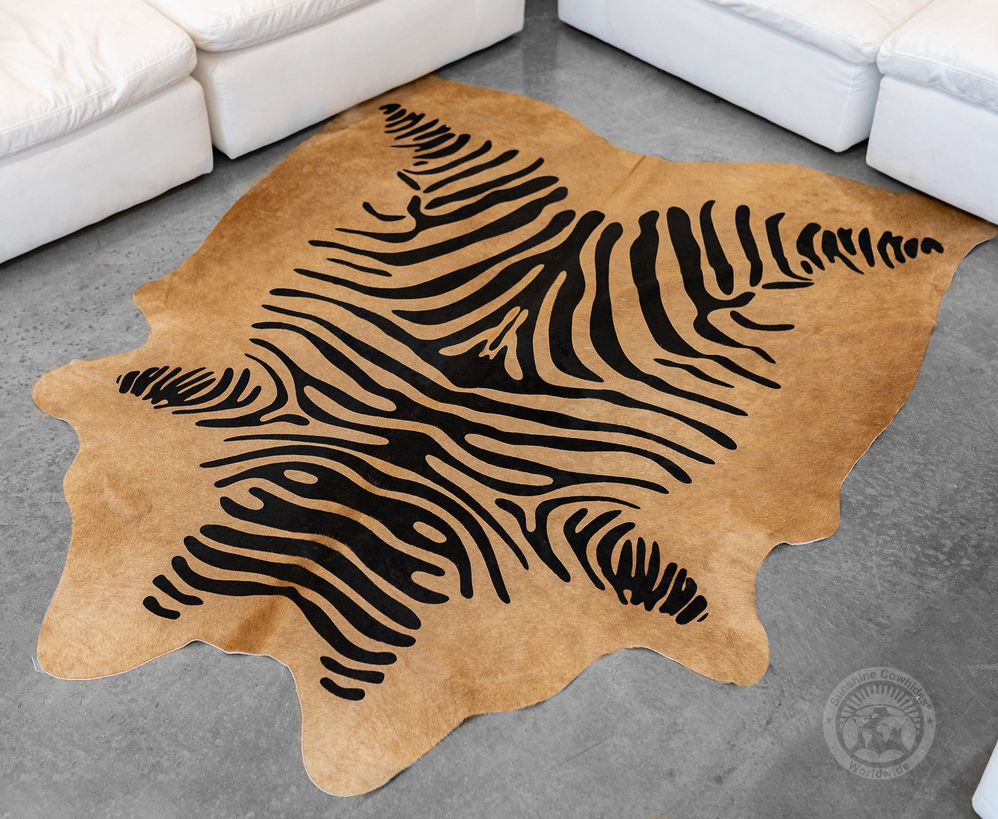 Zebra Black Stripes on Caramel Cowhide Rug — Luxury Cowhides
