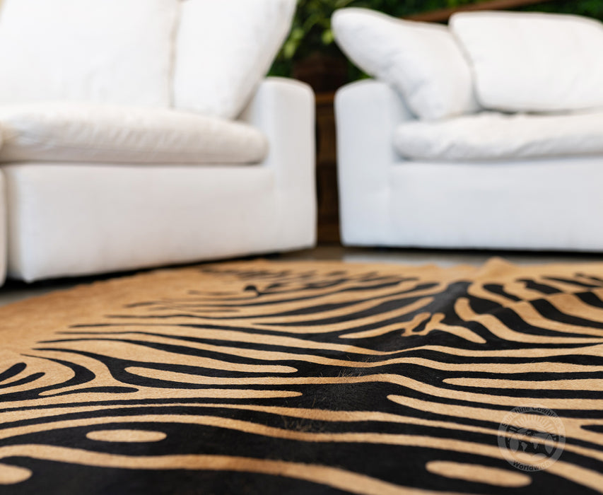 Zebra Black Stripes on Caramel Cowhide Rug