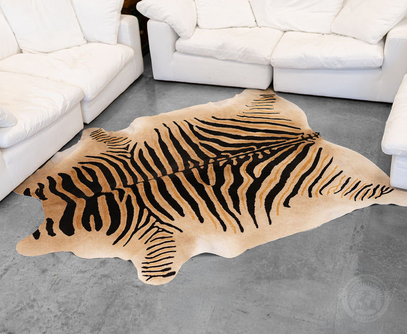 Wild Zebra Stripes on Beige Cowhide Rug