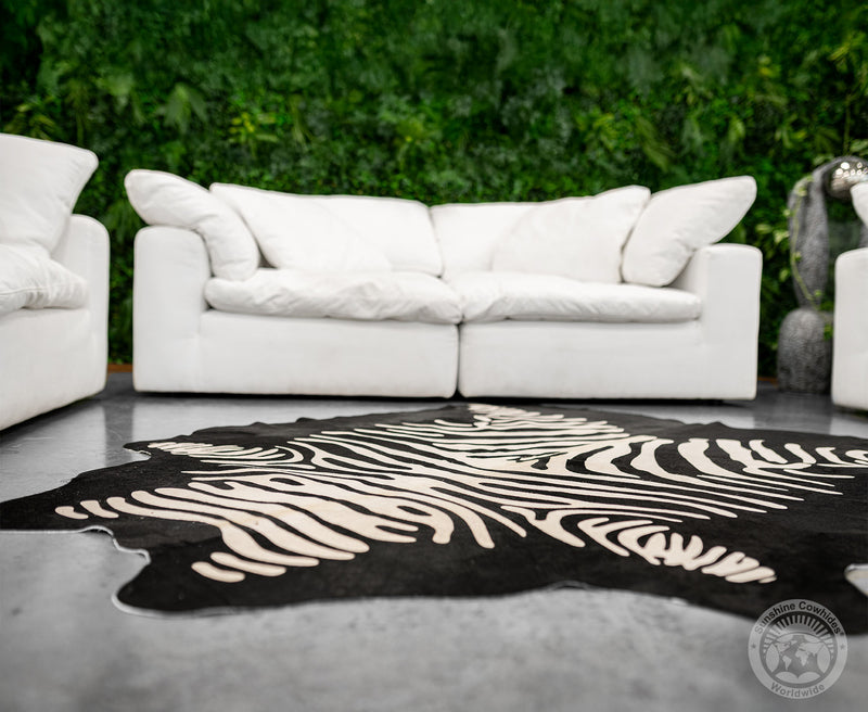 Zebra White Stripes On Dyed Black Cowhide Rug