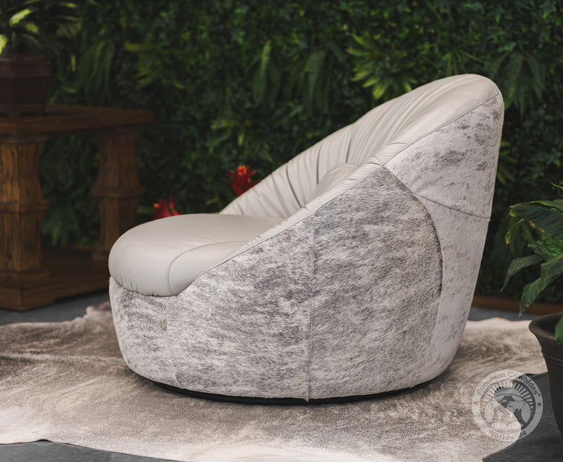 Leather Swivel Chaise Chair on Cowhide Accents - Grey