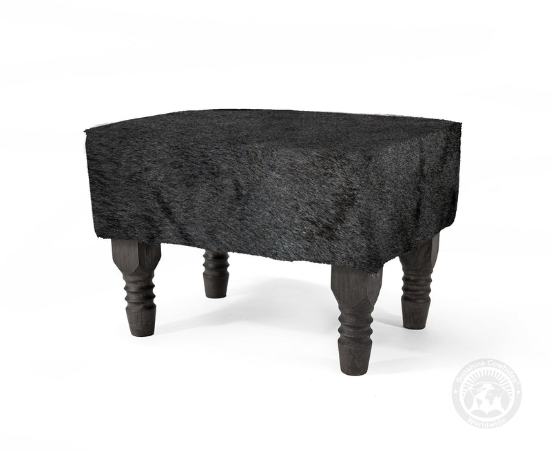 Cowhide Footstool with Wooden Legs - Black