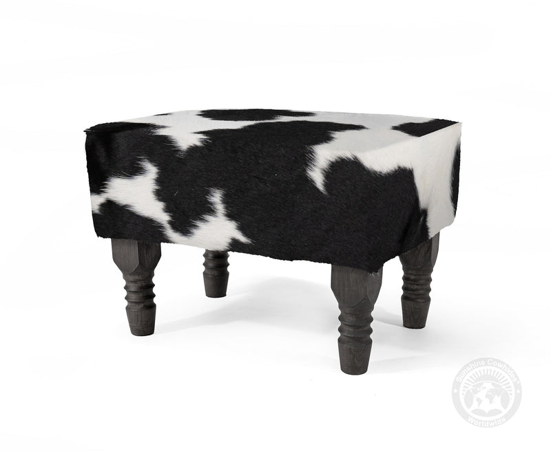 Cowhide Footstool with Wooden Legs - Black and White