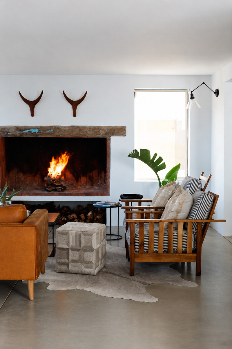 Cowhide Ottoman/ Pouf - Grey Mix Squares