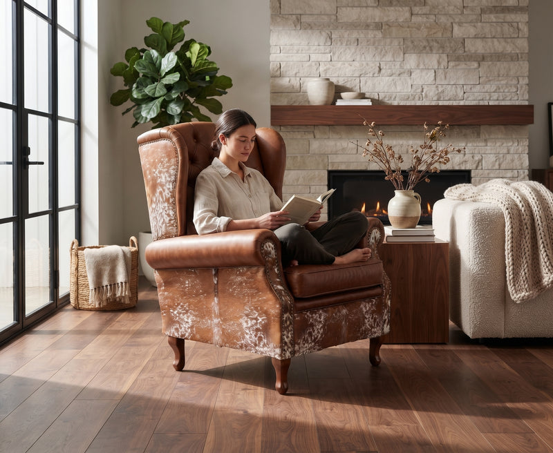 Farmhouse Wingback Chair - Salt and Pepper Brown and White
