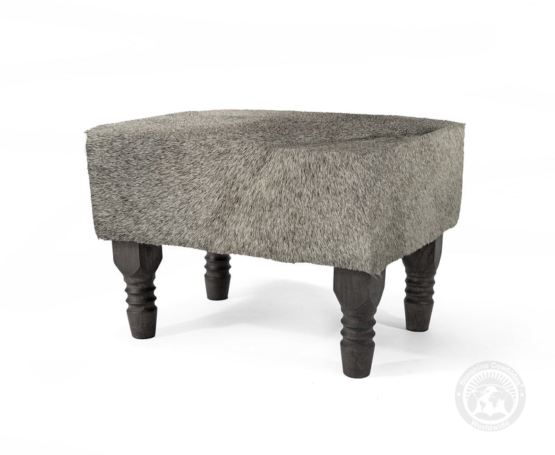 Cowhide Footstool with Wooden Legs - Grey