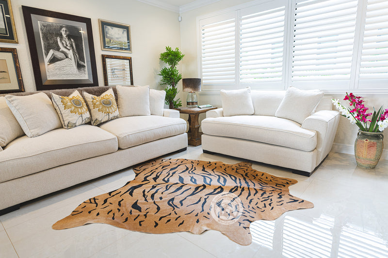 Tiger on Caramel Cowhide Rug