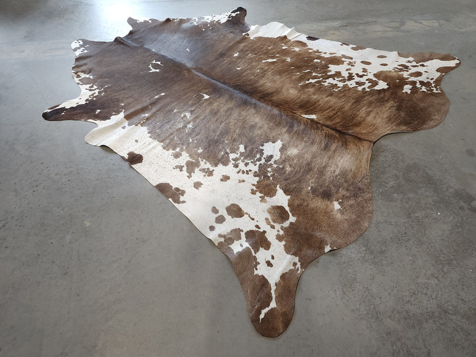 Premium Brazilian Brindle Brown and White Cowhide Rug Size 7.8 X 8.3 ft