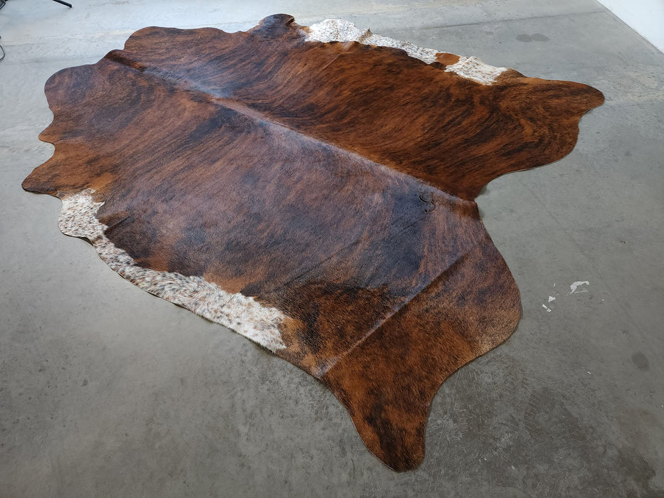 Premium Brazilian Brindle Brown and White Cowhide Rug Size 7.8 X 8.3 ft