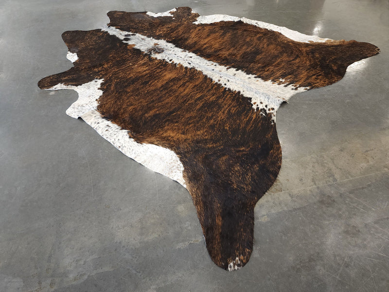 Premium Brazilian Brindle Brown and White Cowhide Rug Size 7.9 X 7.9 ft