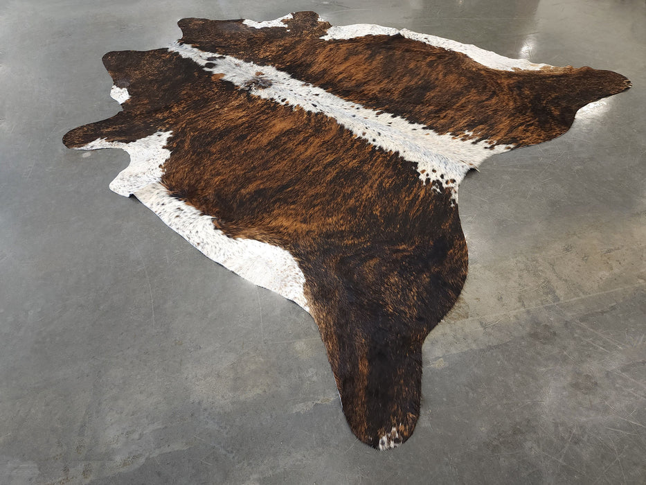 Premium Brazilian Brindle Brown and White Cowhide Rug Size 7.9 X 7.9 ft