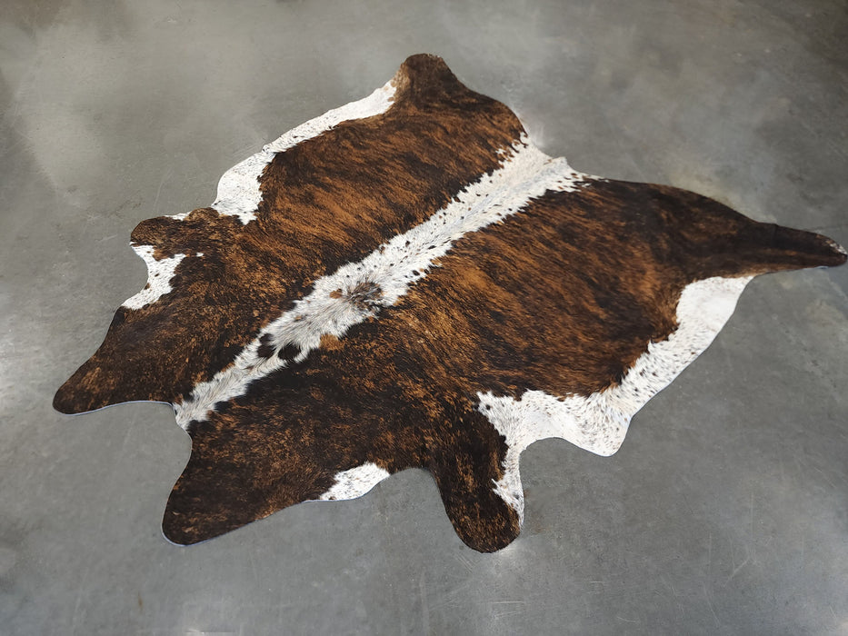 Premium Brazilian Brindle Brown and White Cowhide Rug Size 7.9 X 7.9 ft
