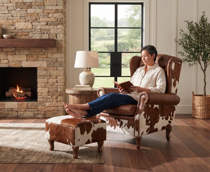 Farmhouse Wingback Chair - Brown and White