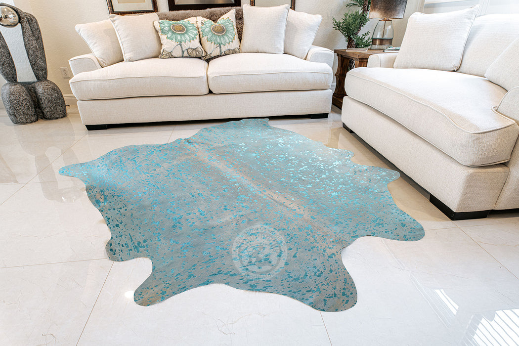Devore Metallic Turquoise on Off White Cowhide Rug