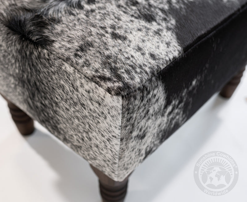 Cowhide Footstool with Wooden Legs - Salt & Pepper Black & White