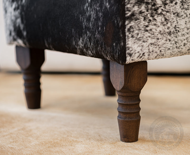 Cowhide Footstool with Wooden Legs - Salt & Pepper Black & White