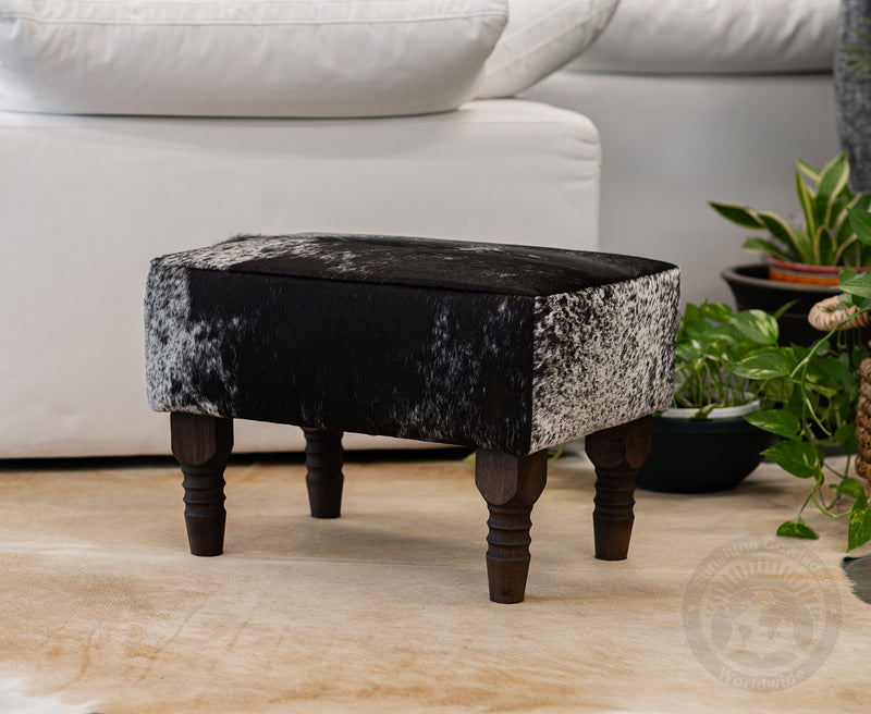 Cowhide Footstool with Wooden Legs - Salt & Pepper Black & White