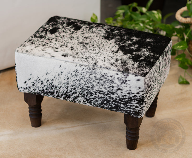Cowhide Footstool with Wooden Legs - Salt & Pepper Black & White
