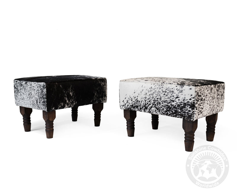 Cowhide Footstool with Wooden Legs - Salt & Pepper Black & White