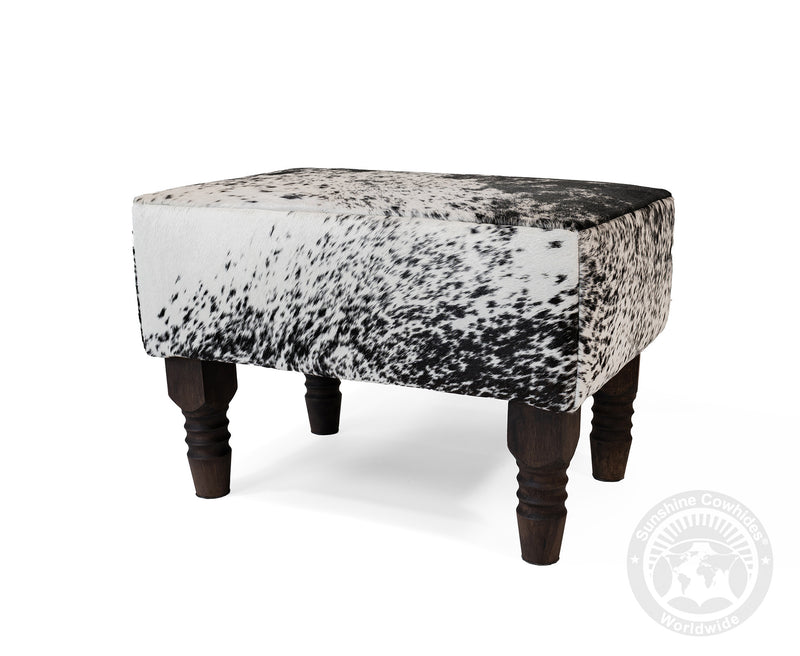Cowhide Footstool with Wooden Legs - Salt & Pepper Black & White