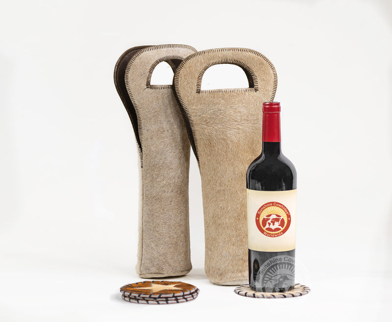 Cowhide Wine Bottle Holder - Beige