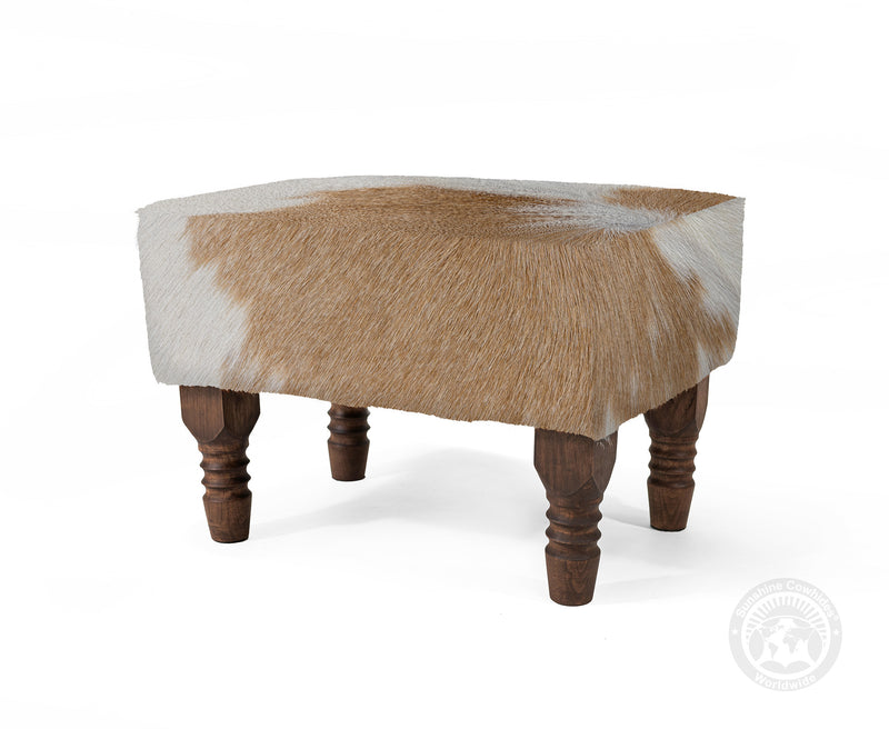 Cowhide Footstool with Wooden Legs - Beige and White