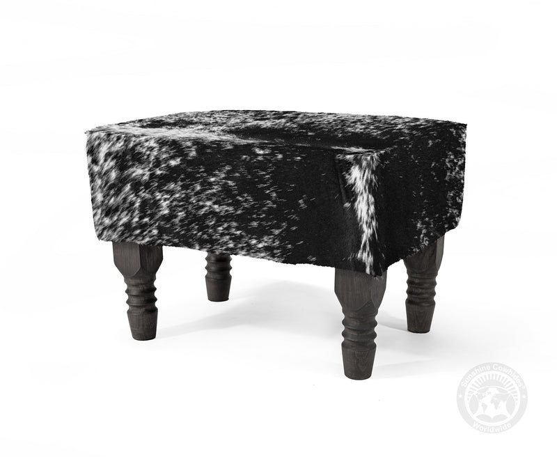 Cowhide Footstool with Wooden Legs - Salt & Pepper Black & White