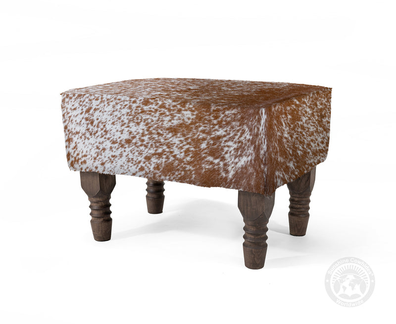 Cowhide Footstool with Wooden Legs - Salt and Pepper
