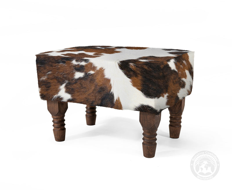 Cowhide Footstool with Wooden Legs - Tricolor