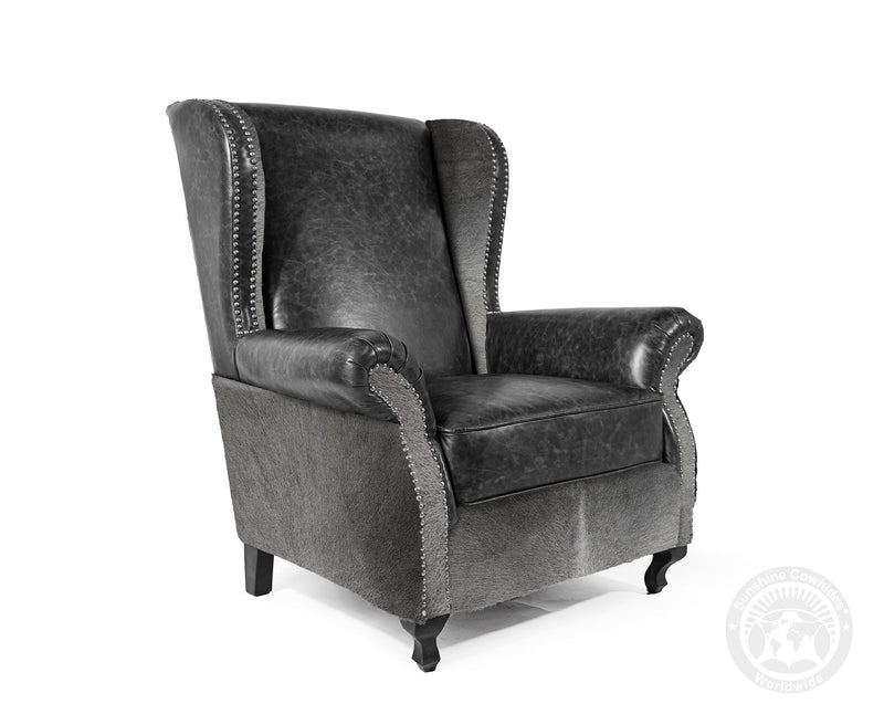 Custom Wingback Chair with Hair On Cowhide Accents