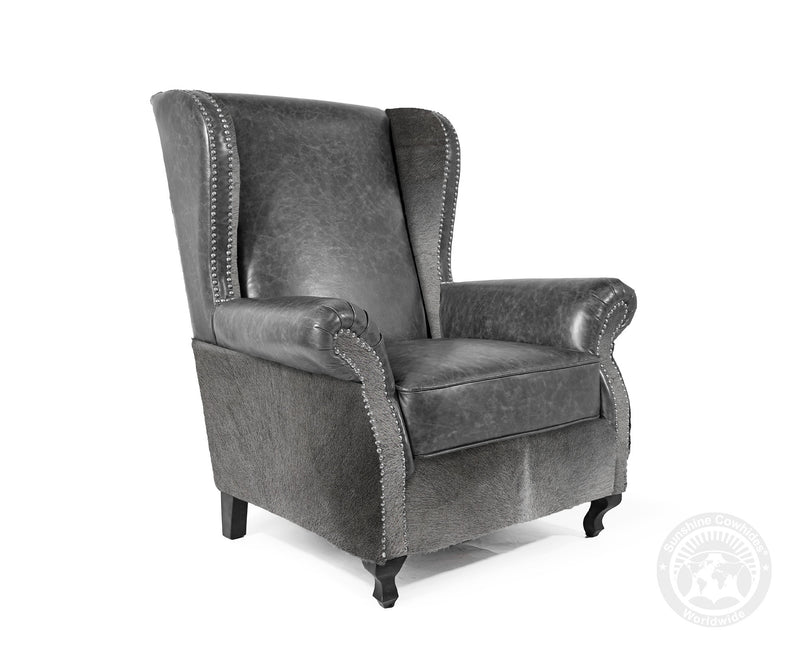 Custom Wingback Chair with Hair On Cowhide Accents
