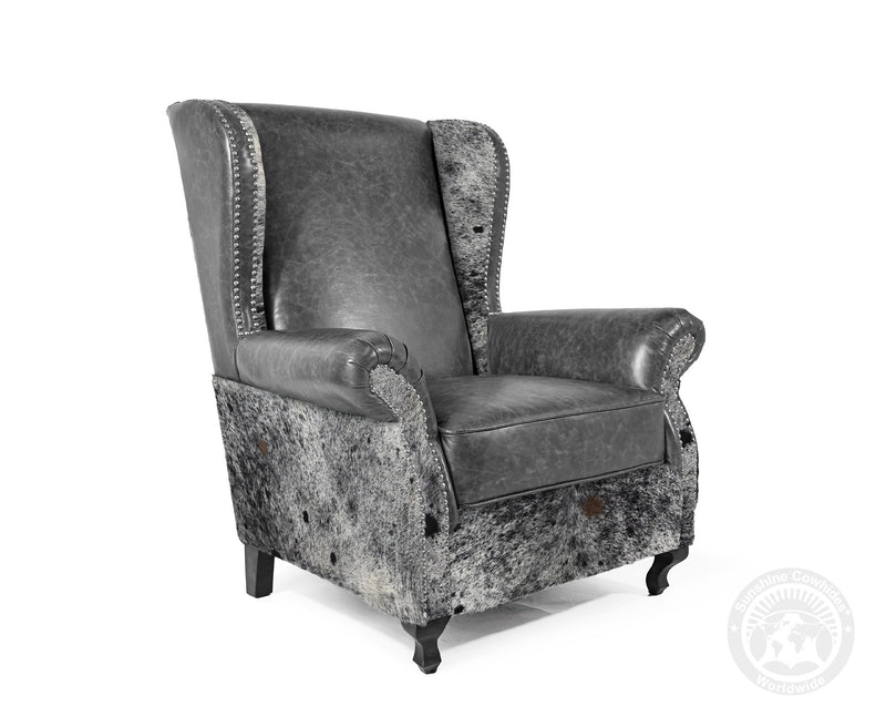 Custom Wingback Chair with Hair On Cowhide Accents