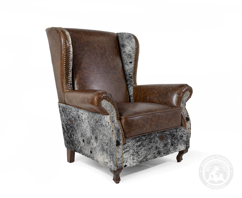 Custom Wingback Chair with Hair On Cowhide Accents