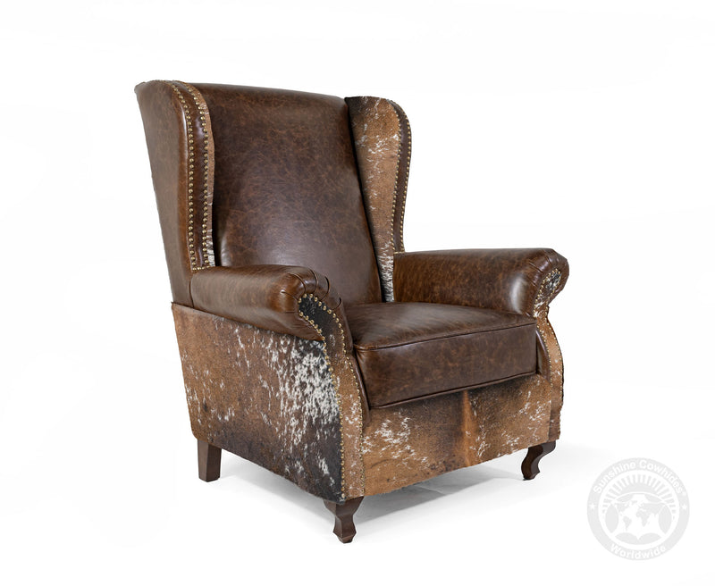 Custom Wingback Chair with Hair On Cowhide Accents