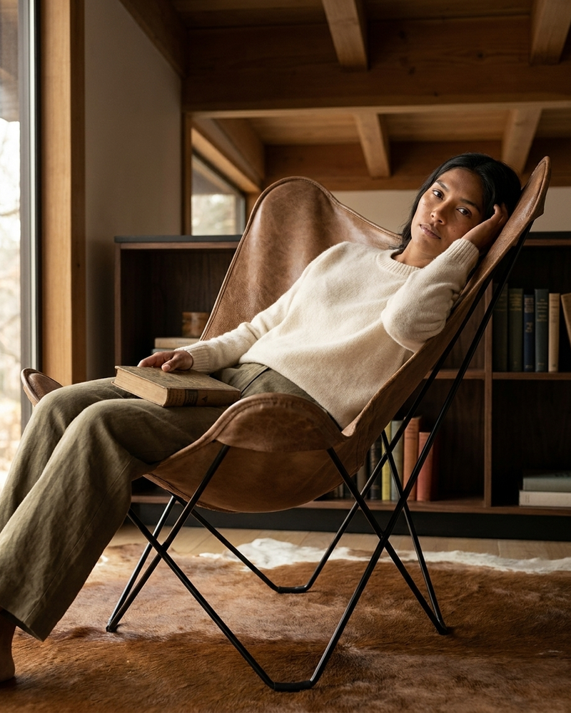 Butterfly Chair - Cowhide Leather Light Brown