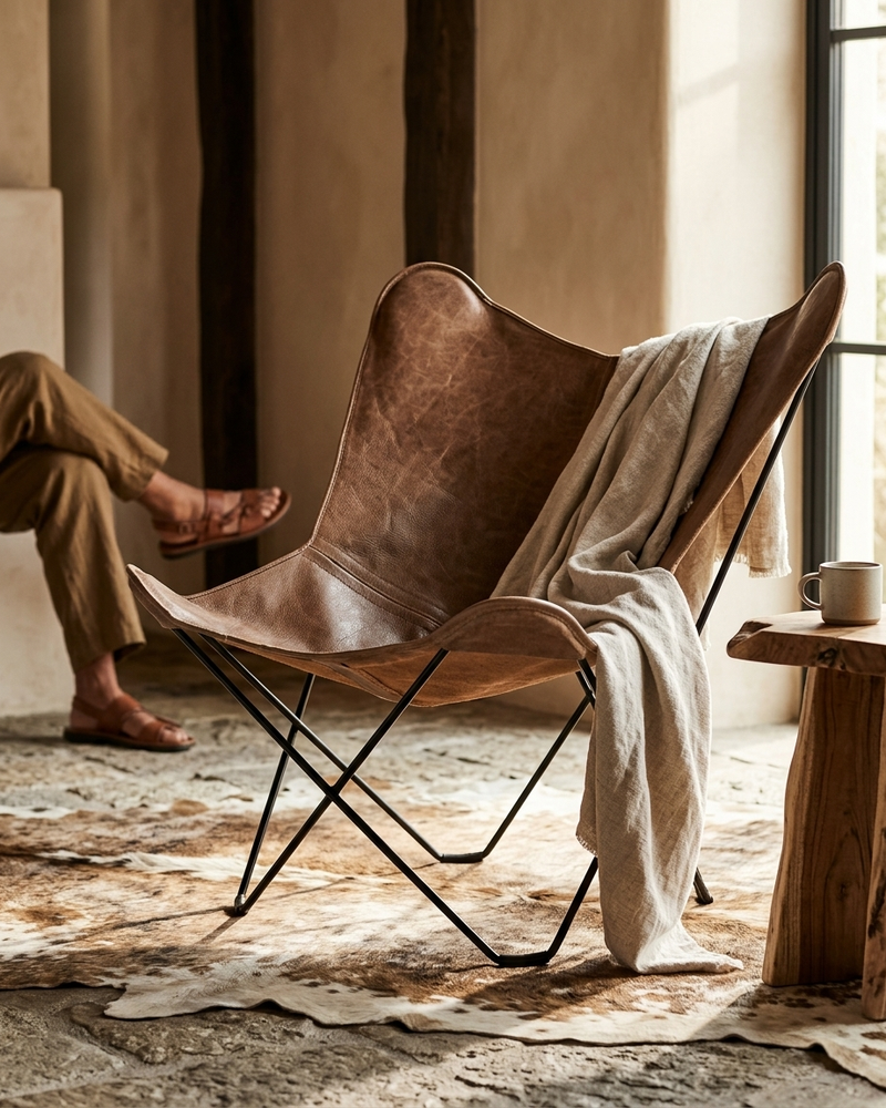 Butterfly Chair - Cowhide Leather Light Brown