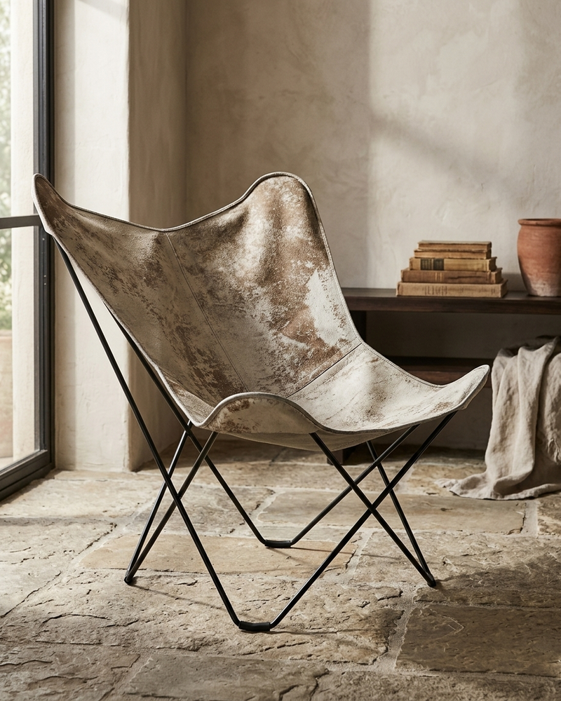 Butterfly Chair - Cowhide Leather Marble Grey