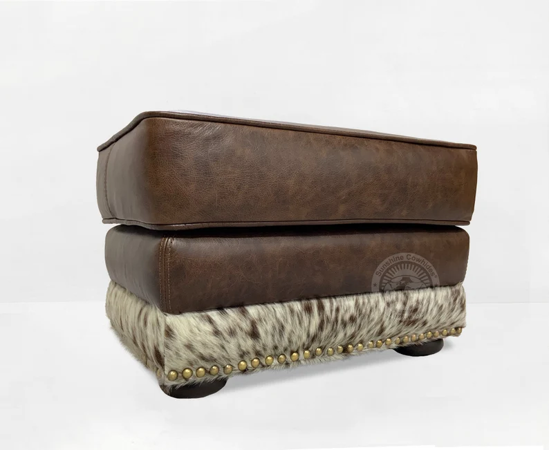 Leather Footstool with hair on Cowhide Accents