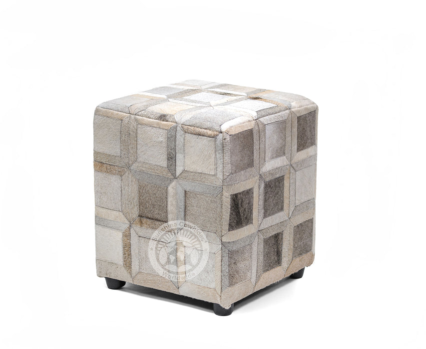 Cowhide Ottoman/ Pouf - Grey Mix Squares