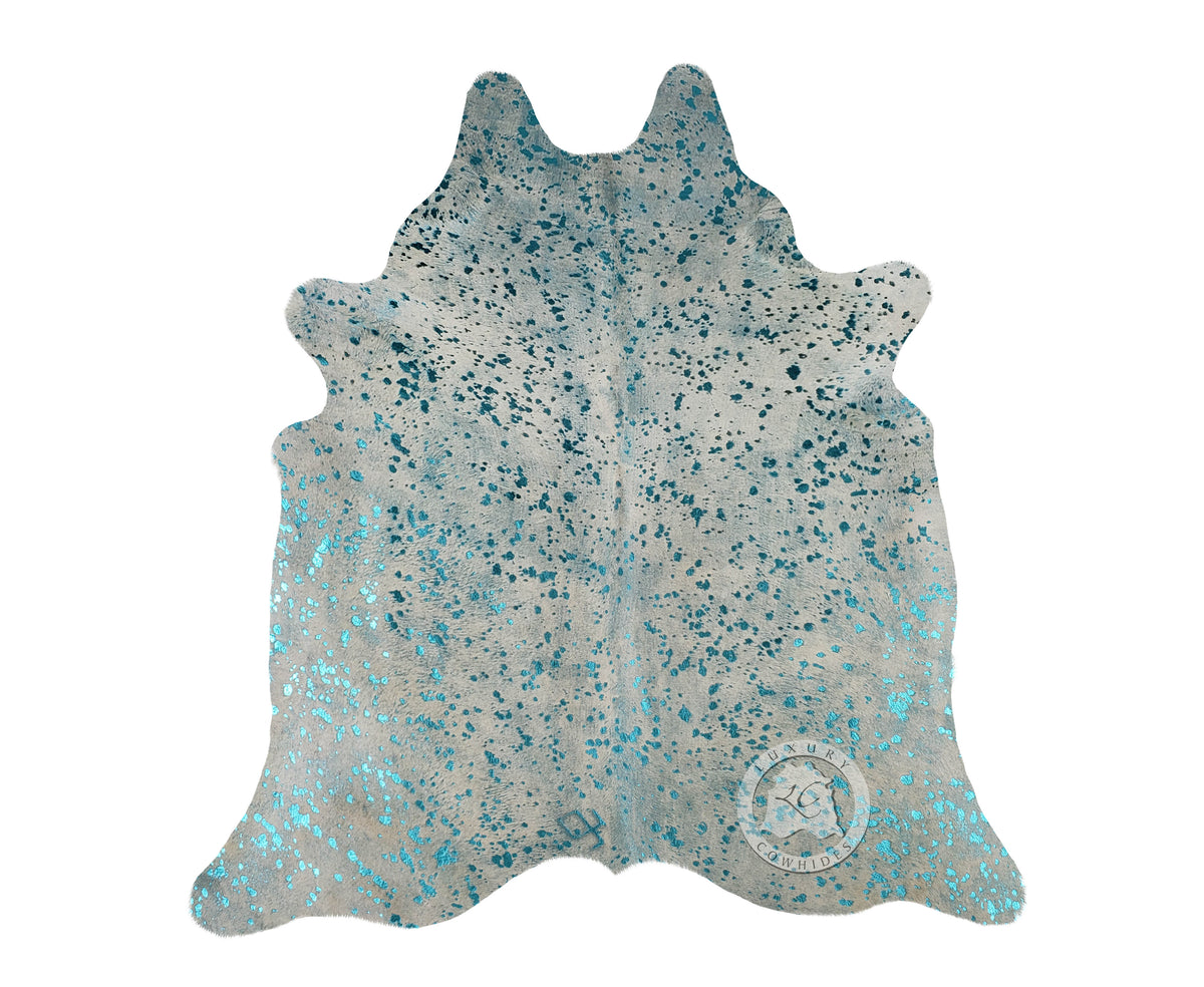 Devore Metallic Turquoise on Off White Cowhide Rug — Luxury Cowhides
