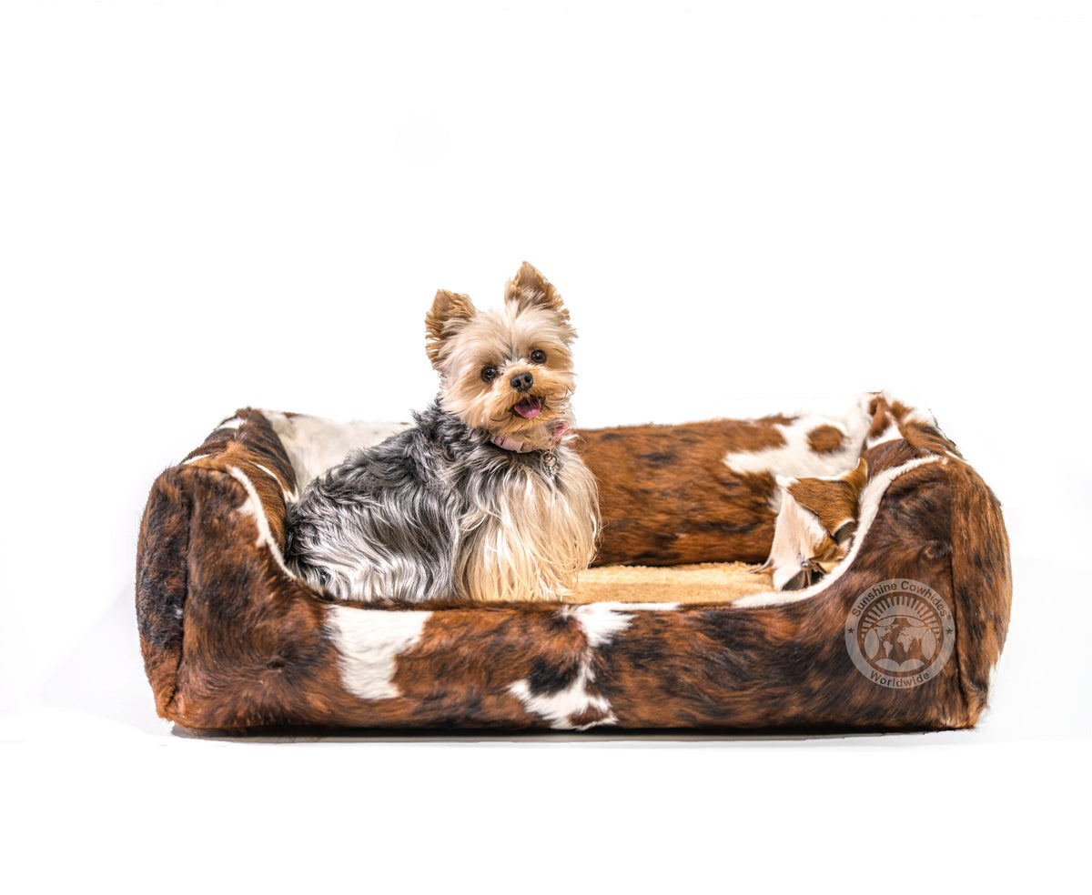 Pet House With Cowhide Bedding Reference: Tricolor Cowhide Pet Bed 22X29X8