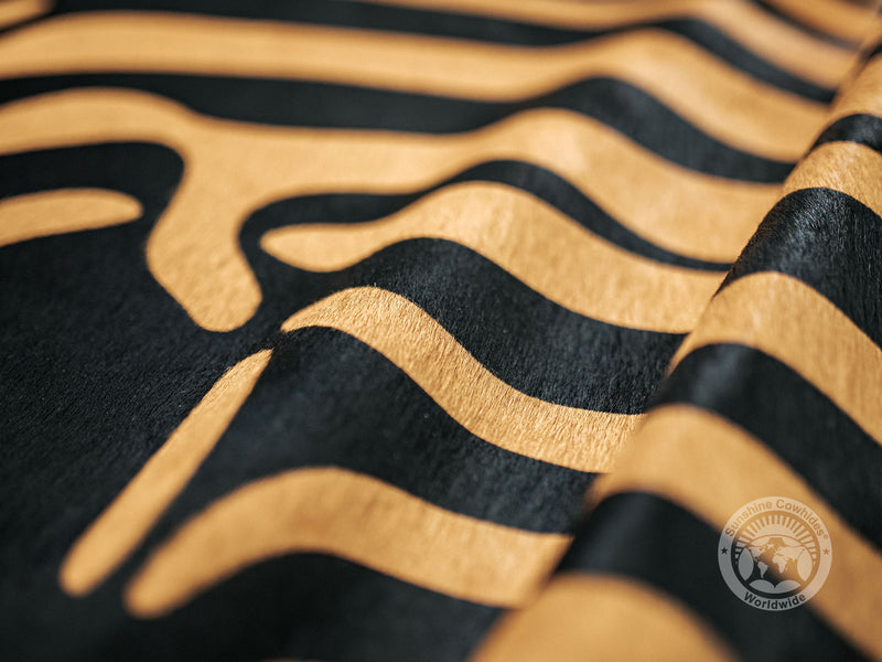 Zebra Beige Stripes On Dyed Black Cowhide Rug