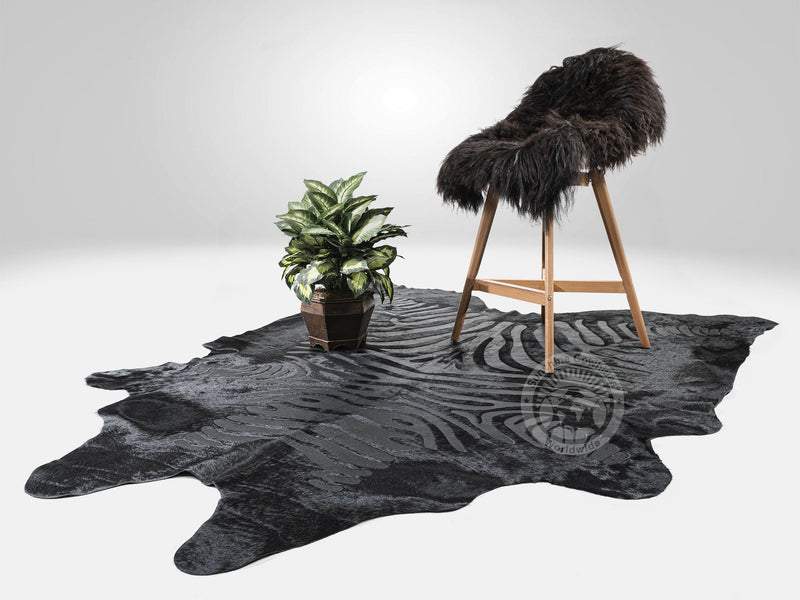 Zebra Acid Wash on Dyed Black Cowhide Rug