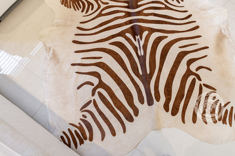Zebra Brown Stripes on Beige Cowhide Rug