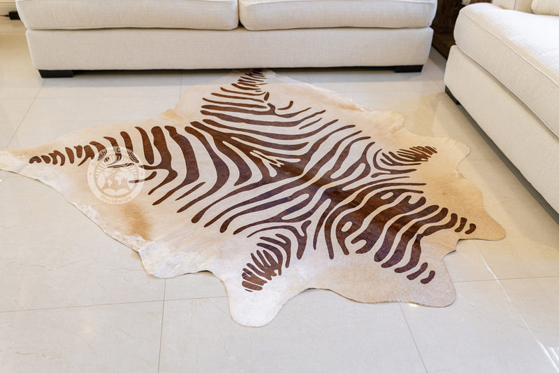 Zebra Brown Stripes on Beige Cowhide Rug