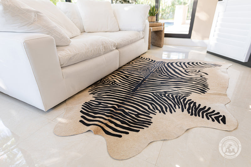 Zebra Black Stripes on Beige Cowhide Rug