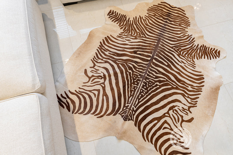 Zebra Brown Spine Stripes on Beige Cowhide Rug